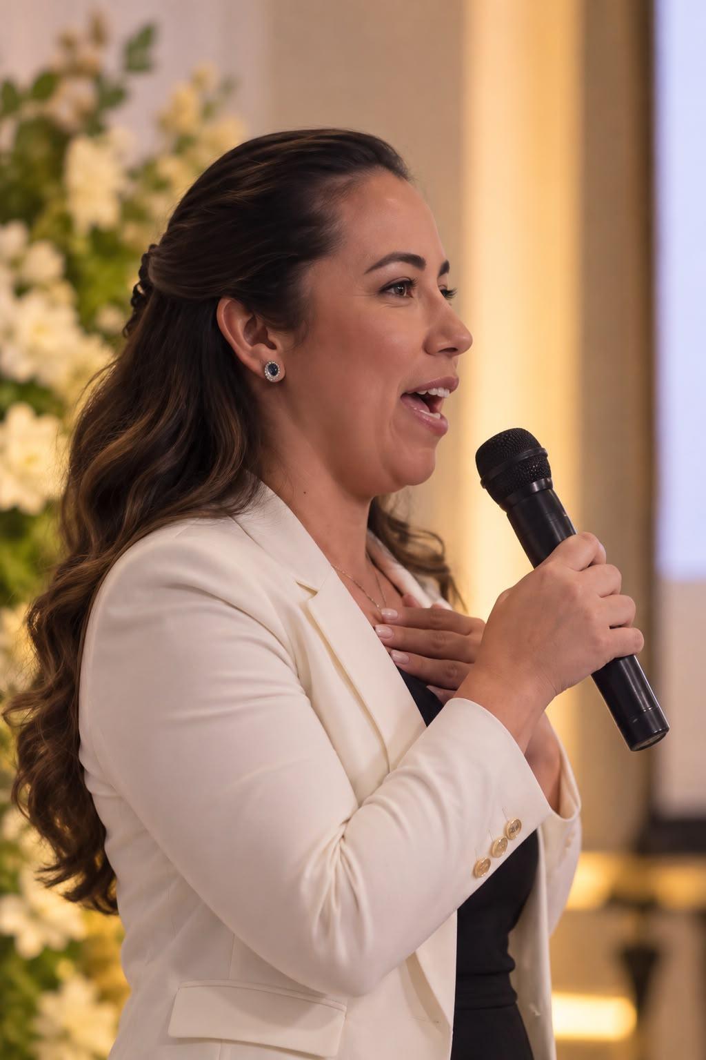 Danielle Saquetto Baruffi discursando com microfone em evento
